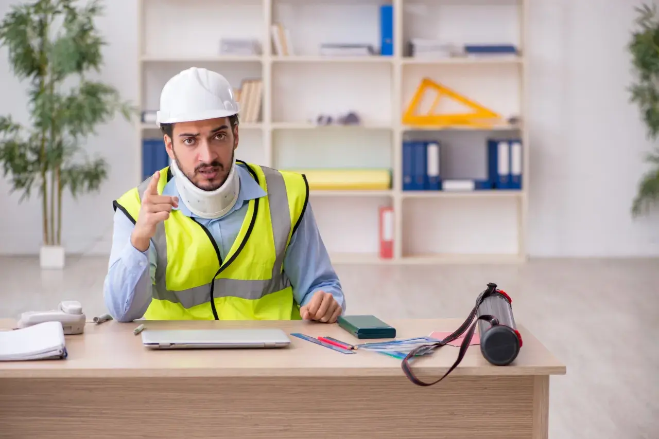 Lavoratore autonomo con collare cervicale e giubbotto ad alta visibilità, punta il dito mentre parla. Potrebbe essere in attesa di un indennizzo INAIL per infortunio.
