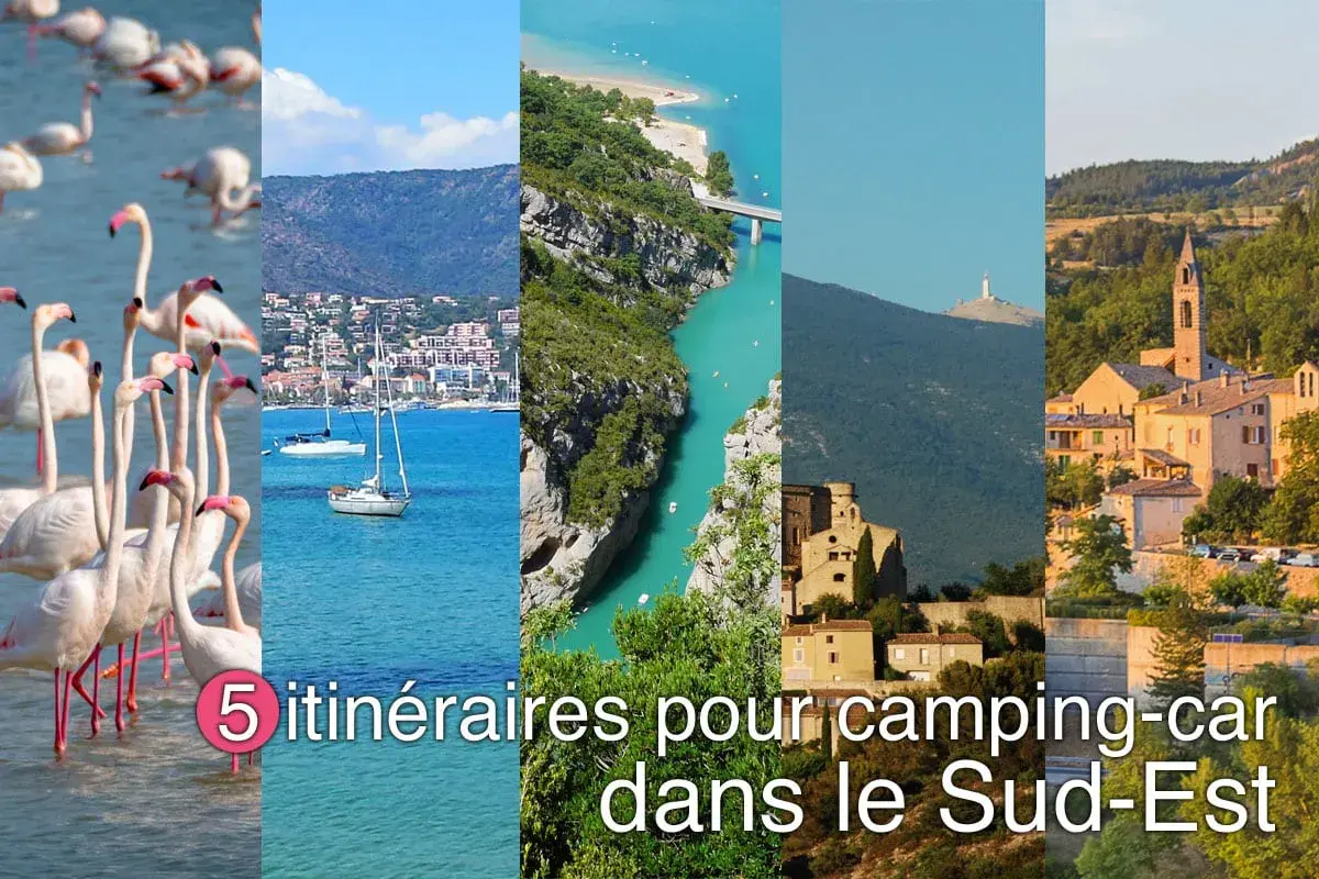 Collage de flamants roses, voiliers, Gorges du Verdon, Mont Ventoux et village provençal.