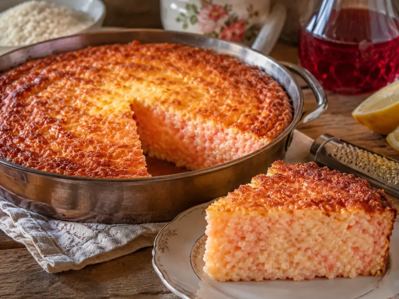 La torta di riso ricetta della nonna, dorata e invitante, con una fetta servita su un piattino.