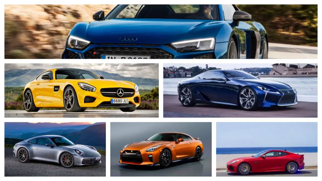 Audi R8 azul, Mercedes-AMG GT amarillo, Lexus LC azul, Porsche 911 plateado, Nissan GT-R naranja y Jaguar F-Type rojo. Los mejores coches deportivos.