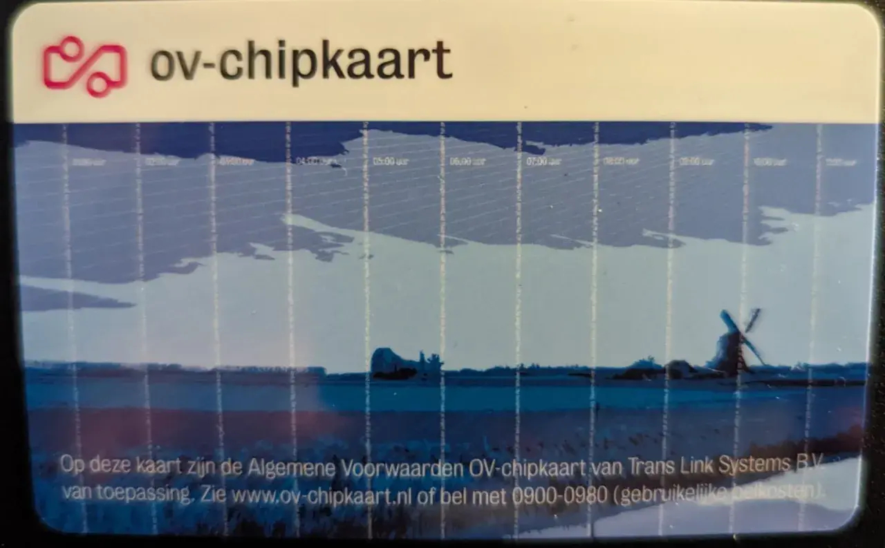 OV-chipkaart met molenlandschap. Deze kaart is geldig voor het openbaar vervoer in Nederland.