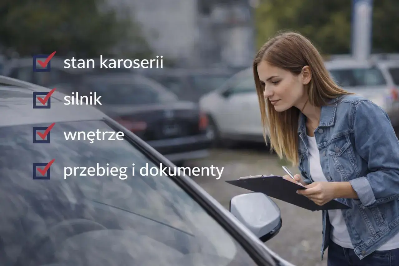 Kobieta sprawdza listę kontrolną: stan karoserii, silnik, wnętrze, przebieg i dokumenty. To poradnik, jak sprawdzić auto przed zakupem.