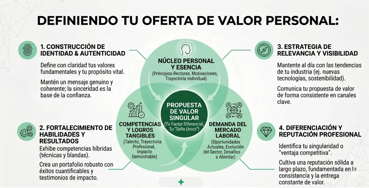 Diagrama sobre cómo definir tu oferta de valor personal, abarcando identidad, habilidades, demanda del mercado y diferenciación.