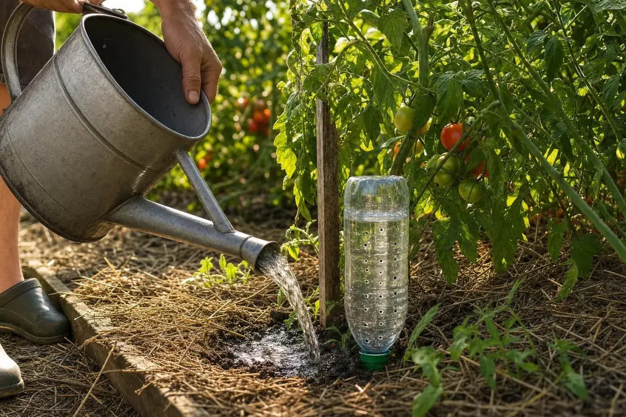 Une astuce pour arroser les tomates : une bouteille percée plantée près du pied pour une irrigation lente et efficace.