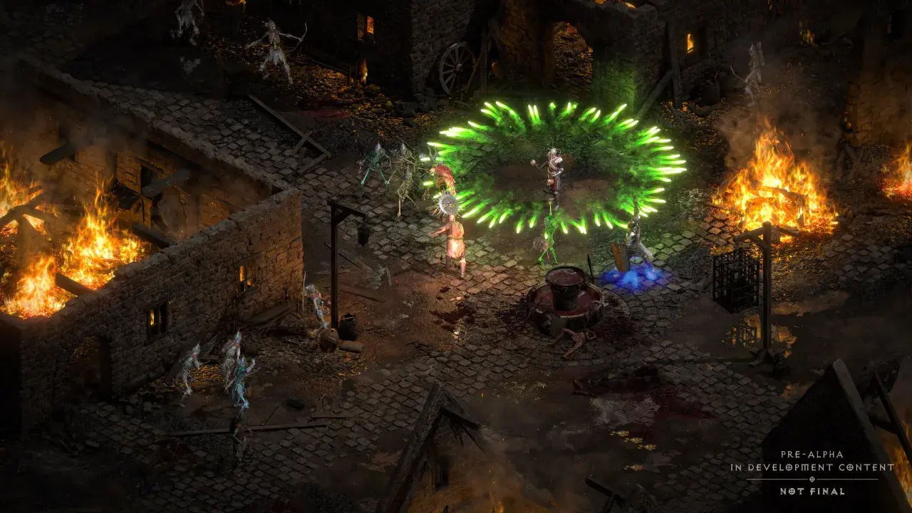 W mrocznym świecie Diablo II Resurrected, bohater walczy z hordą szkieletów, otoczony zieloną energią i płonącymi budynkami.