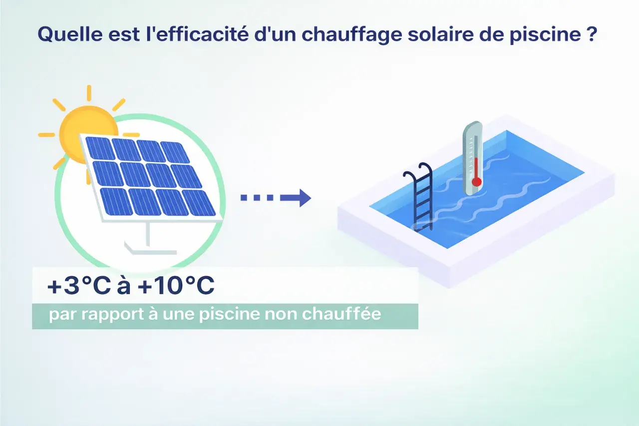 Un panneau solaire chauffe une piscine, augmentant sa température de +3°C à +10°C.