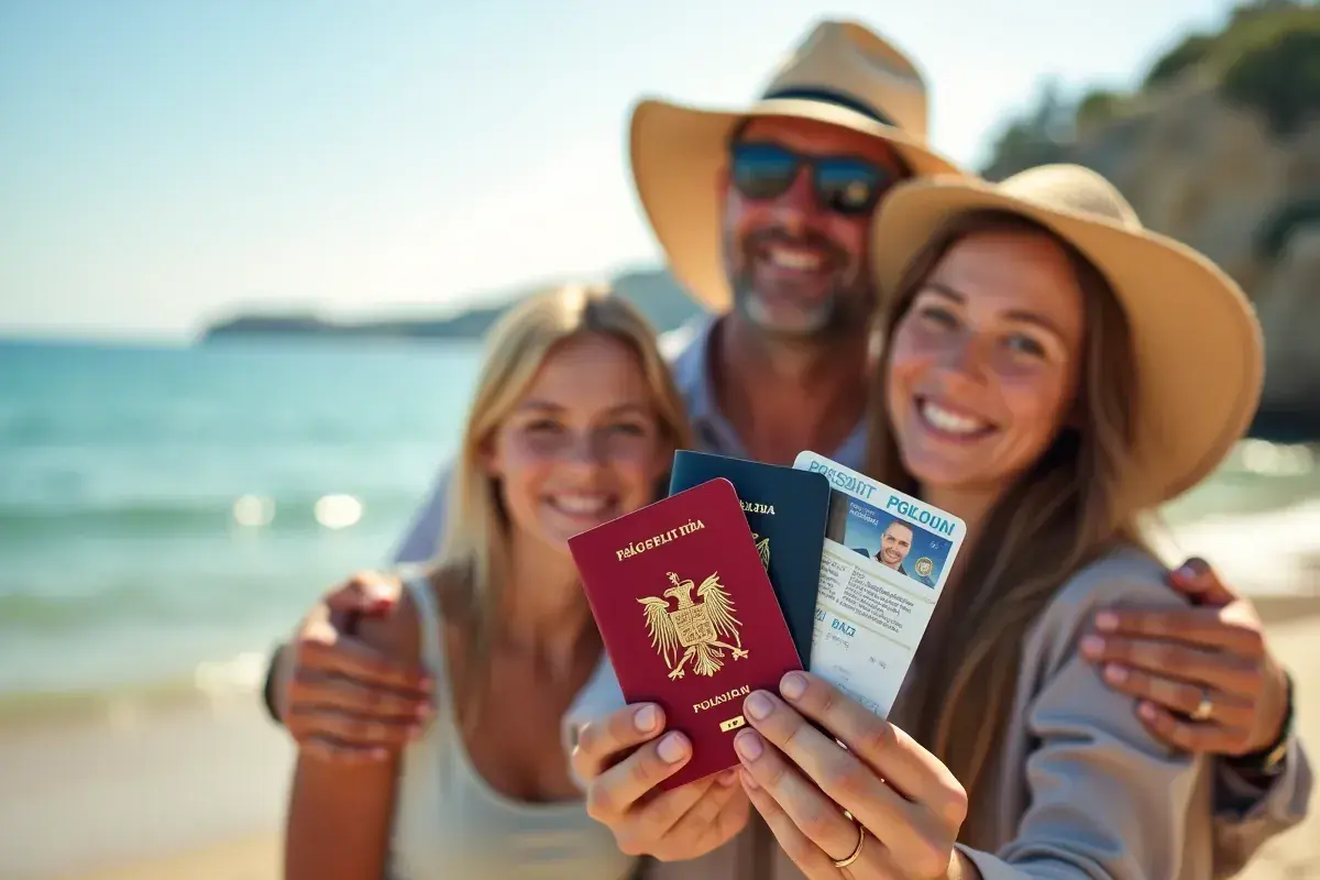 Rodzina na plaży trzyma paszporty. Czy do Hiszpanii potrzebny jest paszport? Tak, dla obywateli spoza UE.