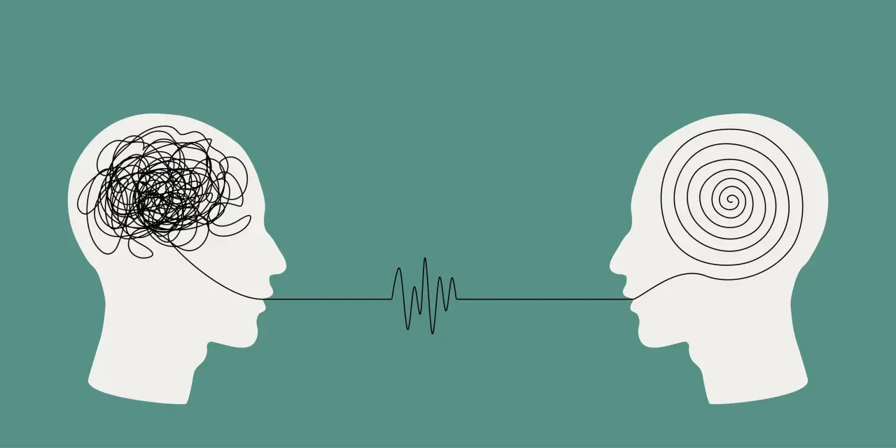 Testa con pensieri aggrovigliati e un'altra con spirali, collegate da un'onda sonora. Forse la psicoterapia non funziona per tutti.