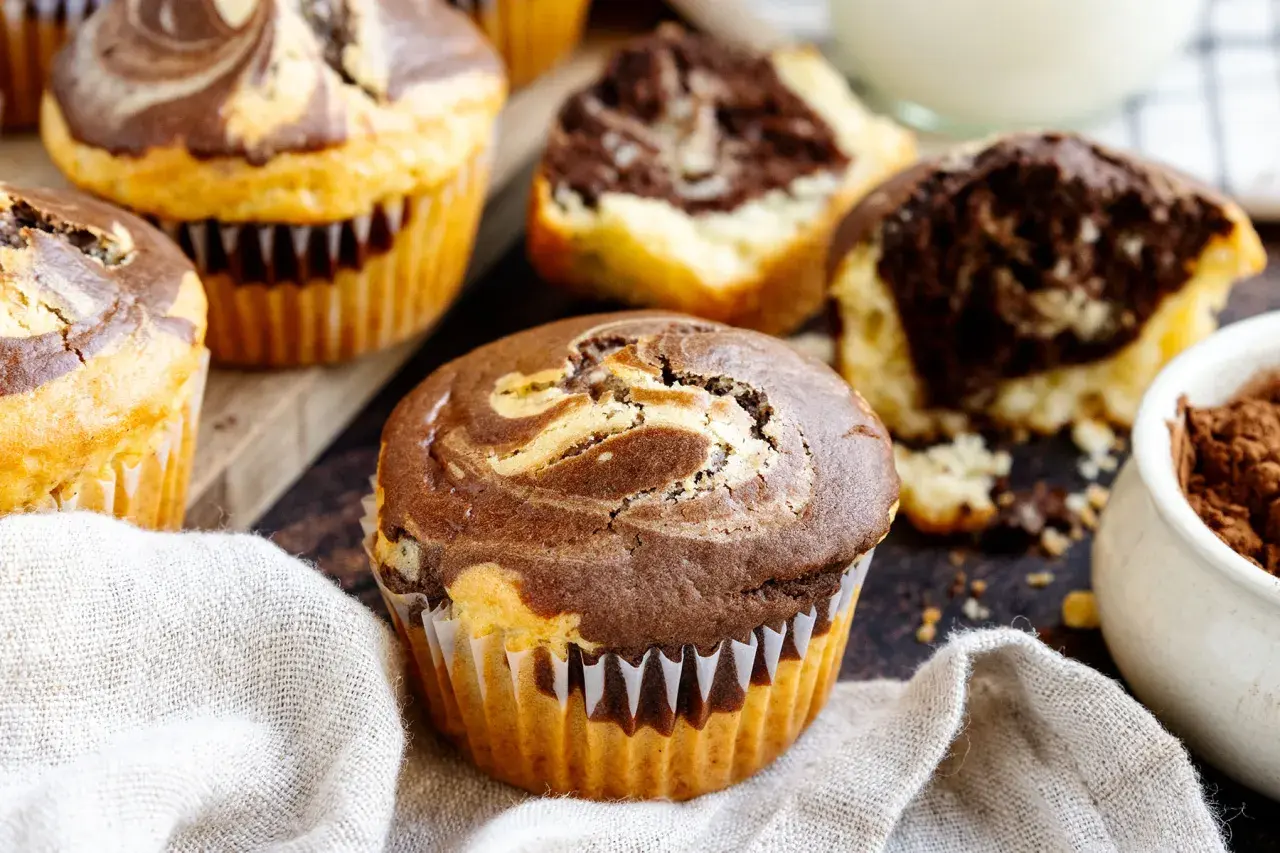 Saftige Marmor Muffins mit Swirls aus hellem und dunklem Teig, perfekt für den Kaffeetisch.