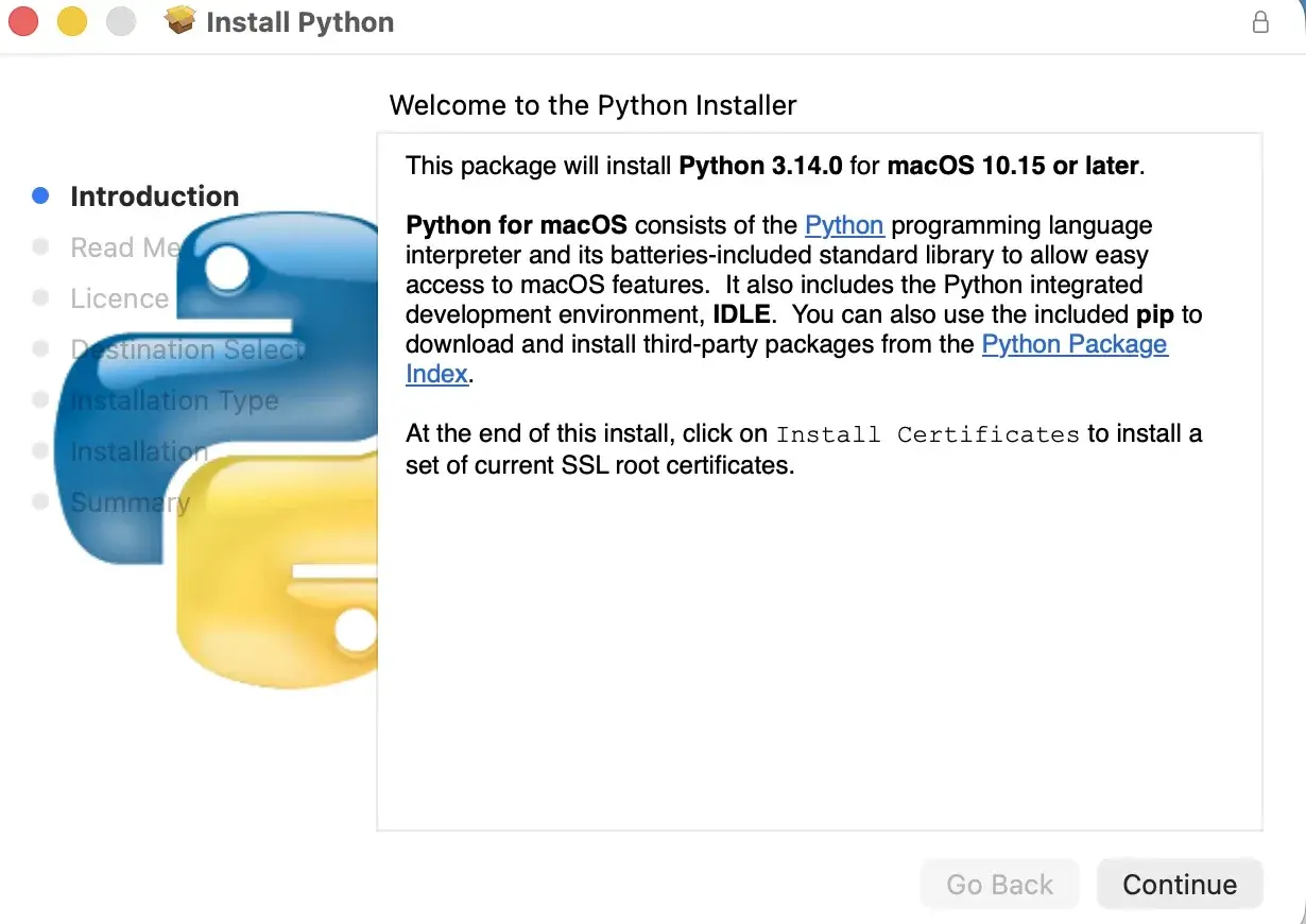 Installation de Python 3.14.0 sur macOS. L'installeur présente les étapes : Introduction, Licence, Destination, Type, Installation et Résumé. Le logo Python est visible.
