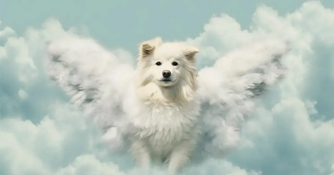 Un perro blanco con alas de nube, como un ángel guardián, en un día especial para las mascotas.