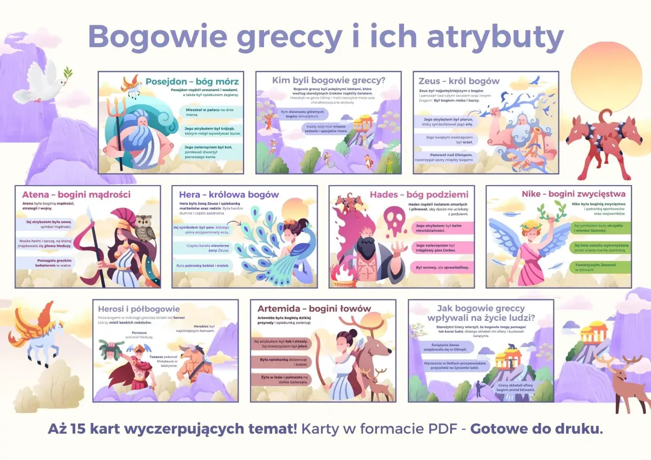 Bogowie greccy i ich atrybuty: Zeus z piorunem, Posejdon z trójzębem, Atena z sową, Hera z pawiem, Hades z hełmem, Nike ze skrzydłami.