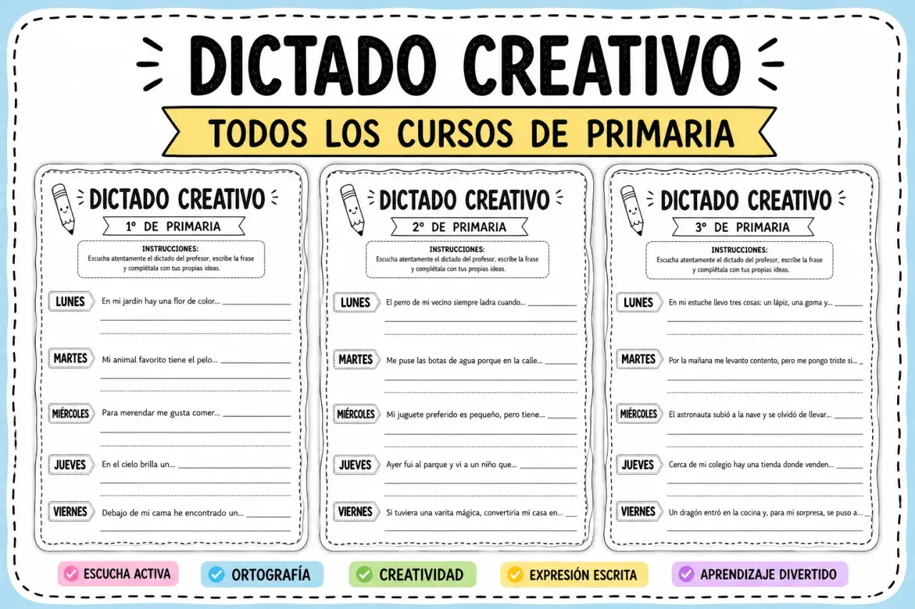 Hoja de dictado creativo para 1º de primaria con frases para completar cada día de la semana.