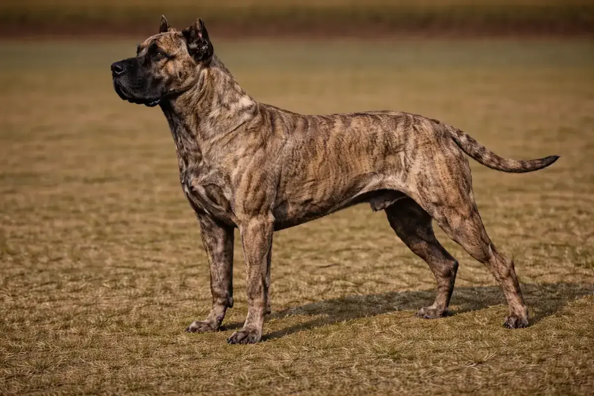 Ein kräftiger Dogo Canario mit gestromtem Fell steht auf einer Wiese.