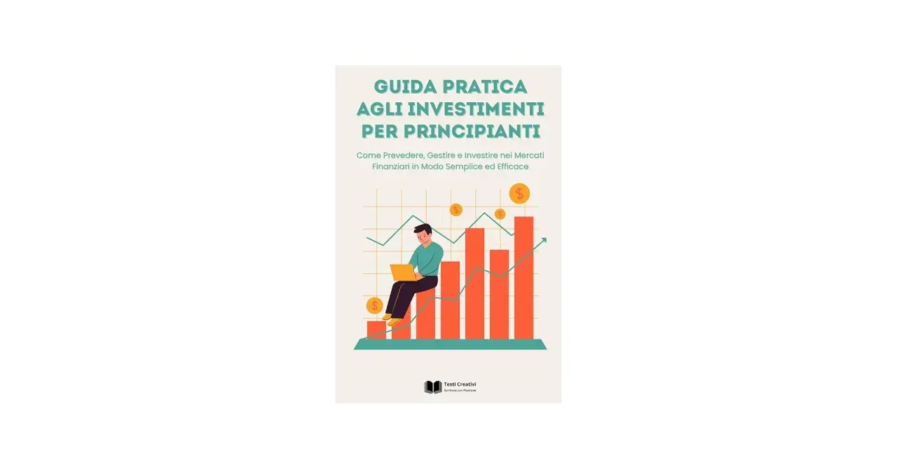 Guida pratica per imparare a investire denaro. Illustrazione di un uomo con laptop su grafico finanziario in crescita.