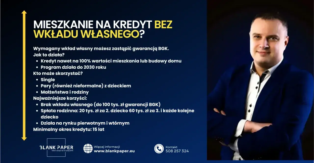 Mężczyzna w garniturze zachęca do skorzystania z kredytu rodzinnego na mieszkanie bez wkładu własnego. Program działa do 2030 roku.