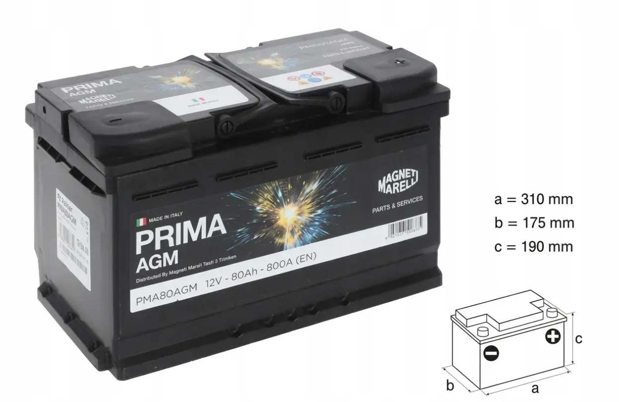 Akumulator Prima AGM 12V-80Ah 800A, idealny do BMW E60 530d. Wymiary: 310x175x190 mm.