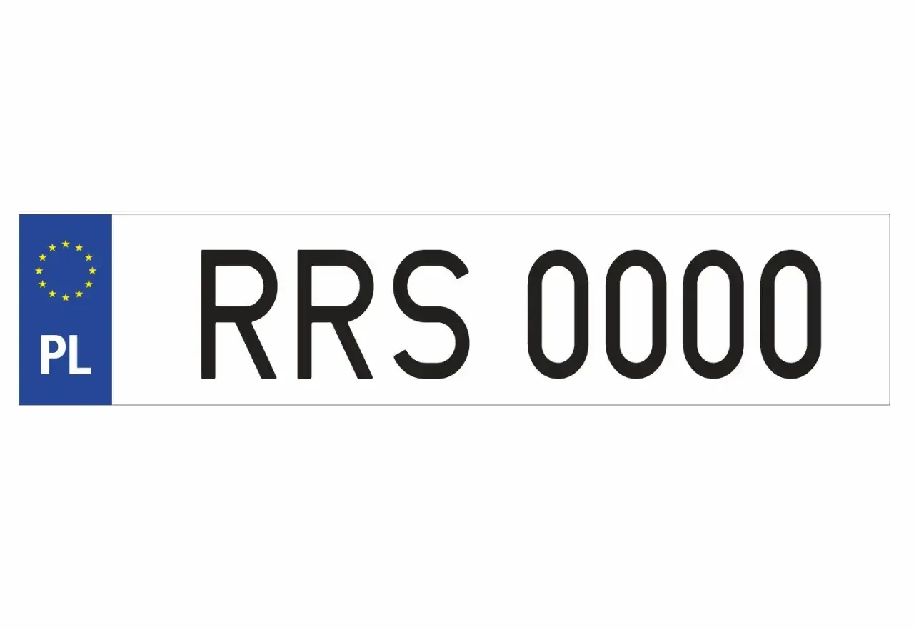Tablica rejestracyjna z symbolem Unii Europejskiej i oznaczeniem PL. Numer RRS 0000.