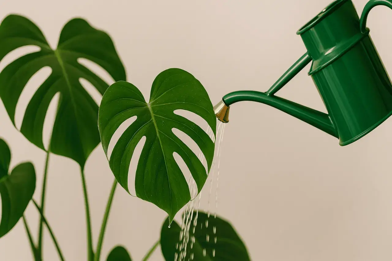 Grüne Gießkanne bewässert eine Monstera-Pflanze. Der Wasserbedarf der Monstera wird hier bildlich dargestellt.