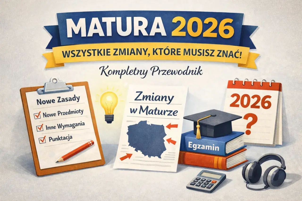 Matura 2026: poznaj wszystkie zmiany! Przewodnik po nowych zasadach, przedmiotach i wymaganiach. Kalendarz, czapka absolwenta, kalkulator i notatki pokazują, jak wygląda matura.