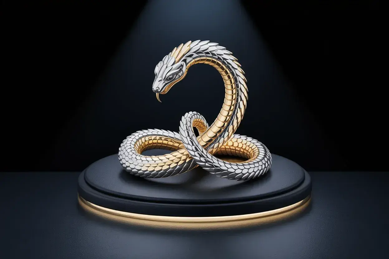 Sculpture d'un serpent en argent et or, enroulé sur lui-même, évoquant le serpent qui se mord la queue.