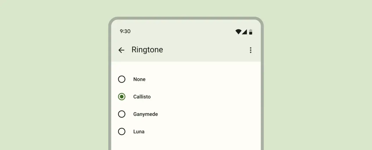 Ekran telefonu z listą dzwonków. Zaznaczony radio button przy "Callisto".