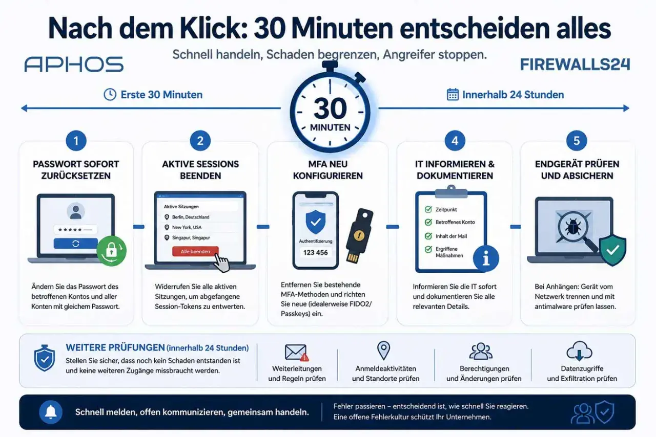 Schritte nach einem Klick: Passwort ändern, Sessions beenden, MFA neu konfigurieren, IT informieren, Endgerät prüfen. Vorsicht vor **fake mail**!