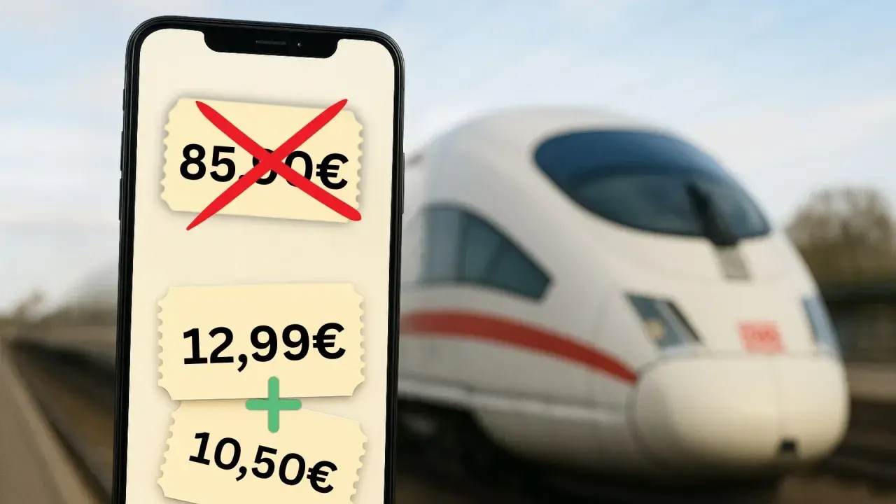 Günstige Zugreisen in Deutschland: Ein Handy zeigt Angebote für Bahntickets. Ein teures Ticket ist durchgestrichen, darunter günstige Optionen.