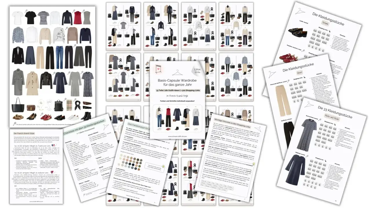 Eine Übersicht zum Erstellen einer Capsule Wardrobe mit vielen Outfit-Ideen und Shopping-Links im French-Chic-Stil.