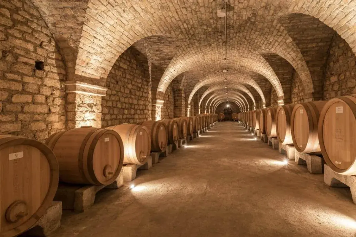 Allées voûtées d'une cave à vin à Beaune, remplies de rangées de fûts en bois. Une visite de cave Beaune inoubliable.