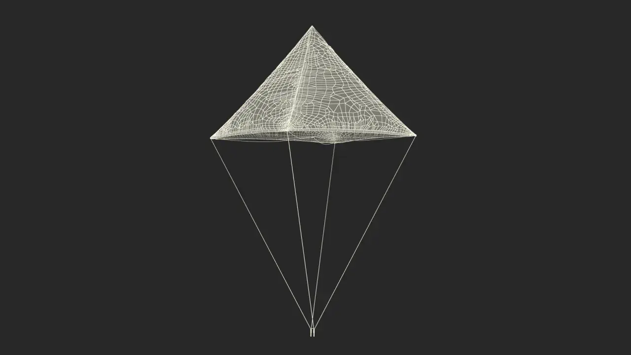 Drahtmodell eines pyramidenförmigen Fallschirms, inspiriert von Leonardo da Vincis Entwürfen.