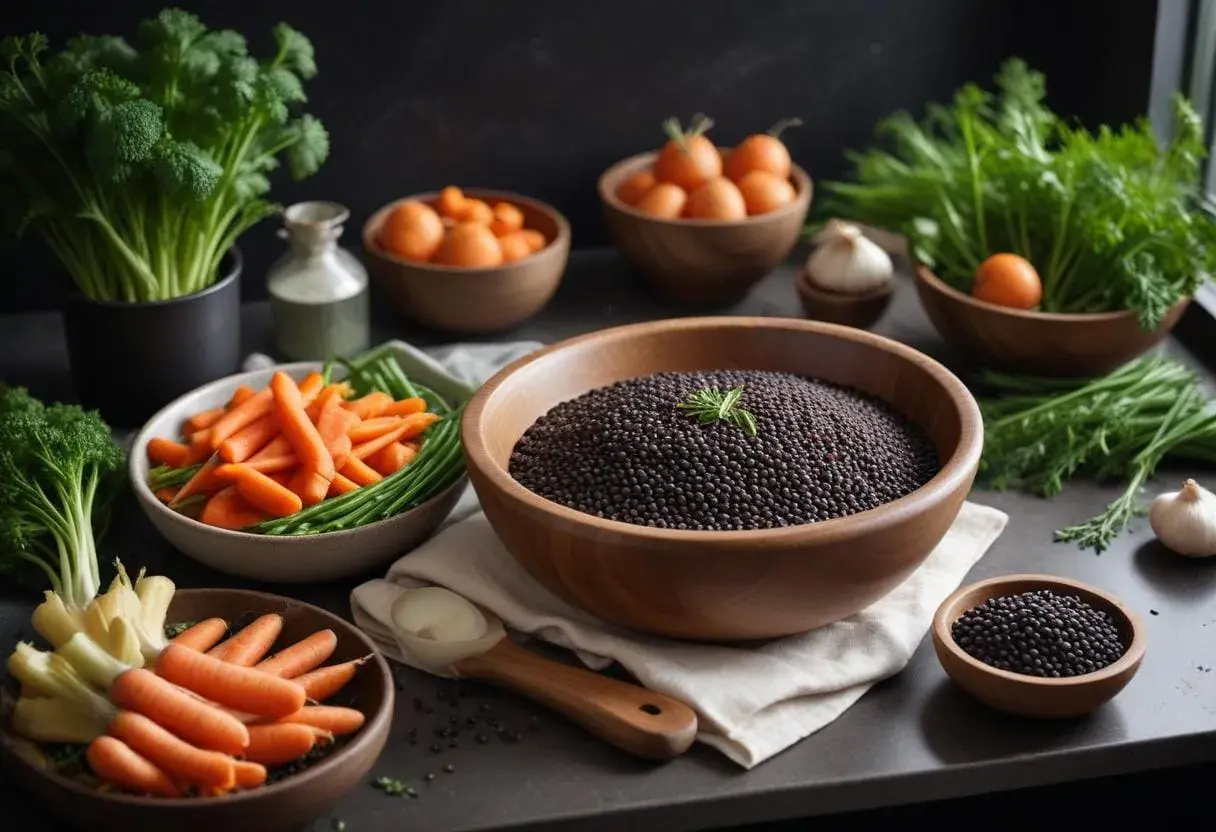 En stor skål med belugalinser, redo för ett gott recept. Bredvid finns morötter, gröna bönor och färska örter.