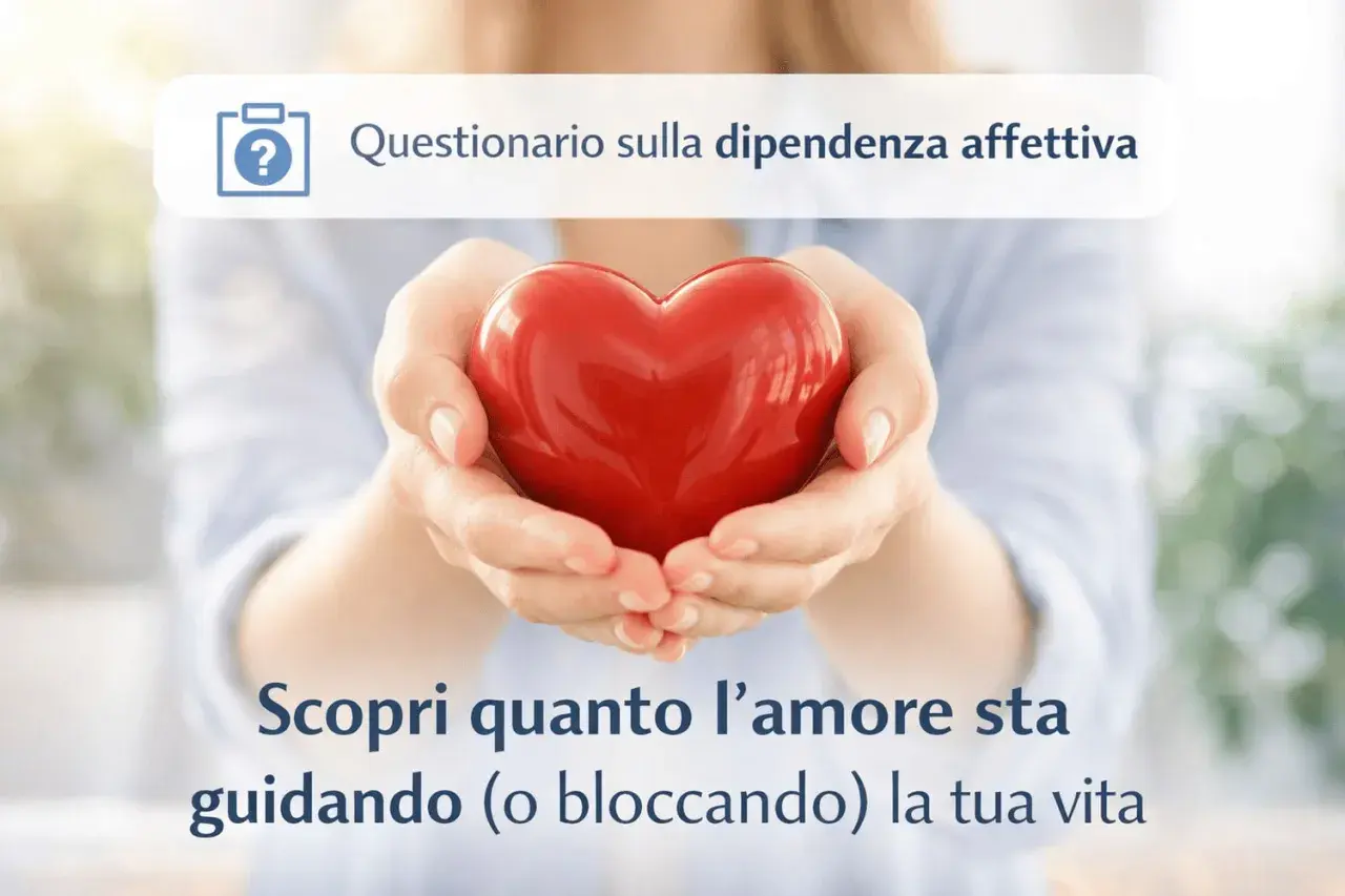 Mani che sorreggono un cuore rosso, simbolo di amore. Un invito a scoprire se si tende a pensare di non meritare amore, esplorando la dipendenza affettiva.
