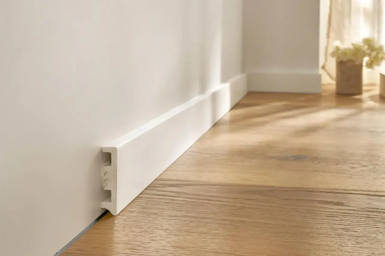 Battiscopa bianco moderno fissato con silicone, pronto per completare un pavimento in legno chiaro.