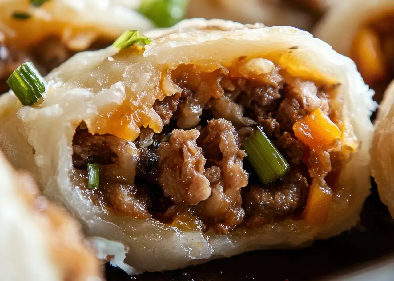 Pyszne pierogi z mięsem, z widocznym farszem i zieloną cebulką, kuszą apetycznym wyglądem.