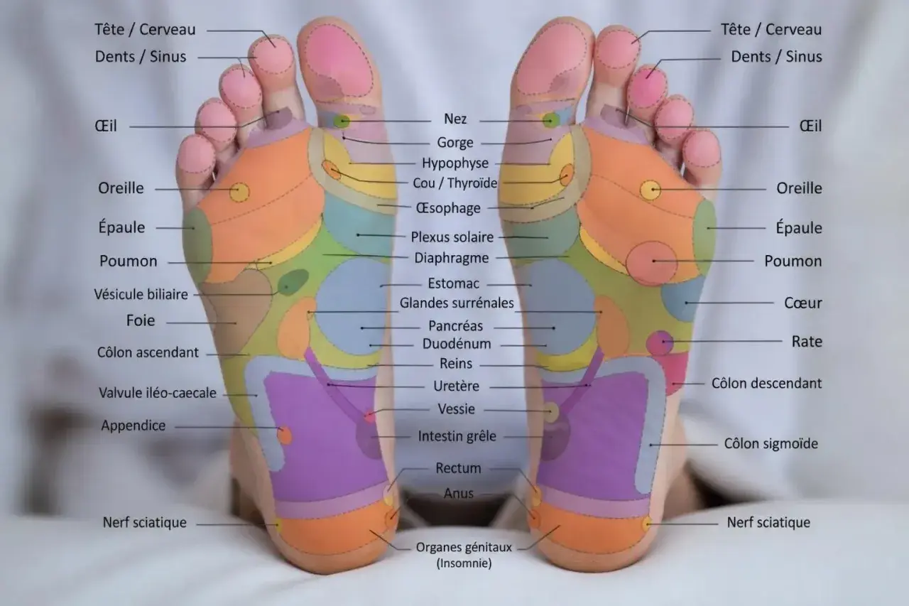 Carte des zones réflexes du pied. Découvrez qu'est ce que la réflexologie plantaire et ses bienfaits pour le corps.