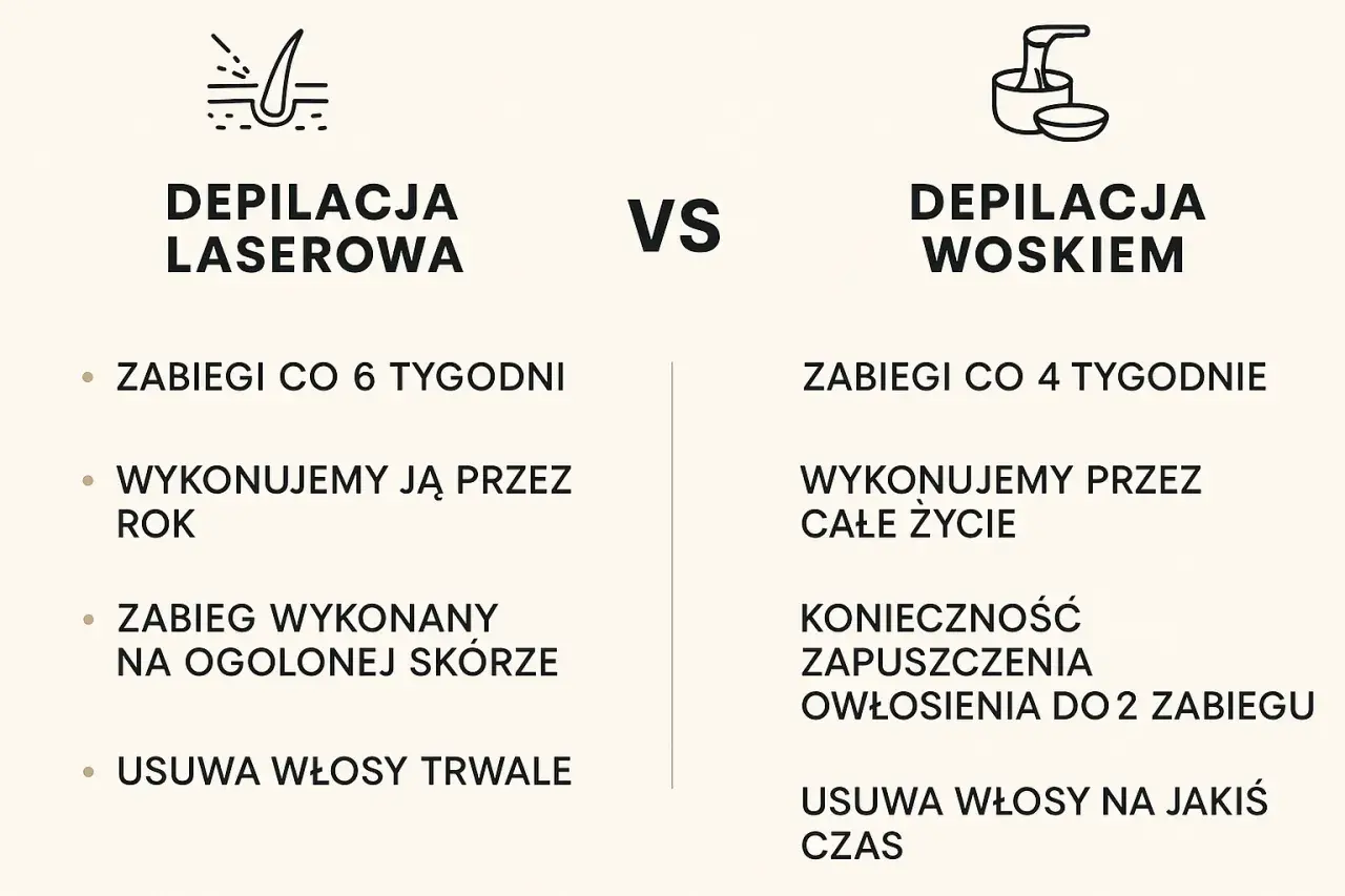 Porównanie depilacji laserowej i woskiem: ile zabiegów potrzeba do trwałego efektu? Laser usuwa włosy na stałe, wosk wymaga regularnych wizyt.