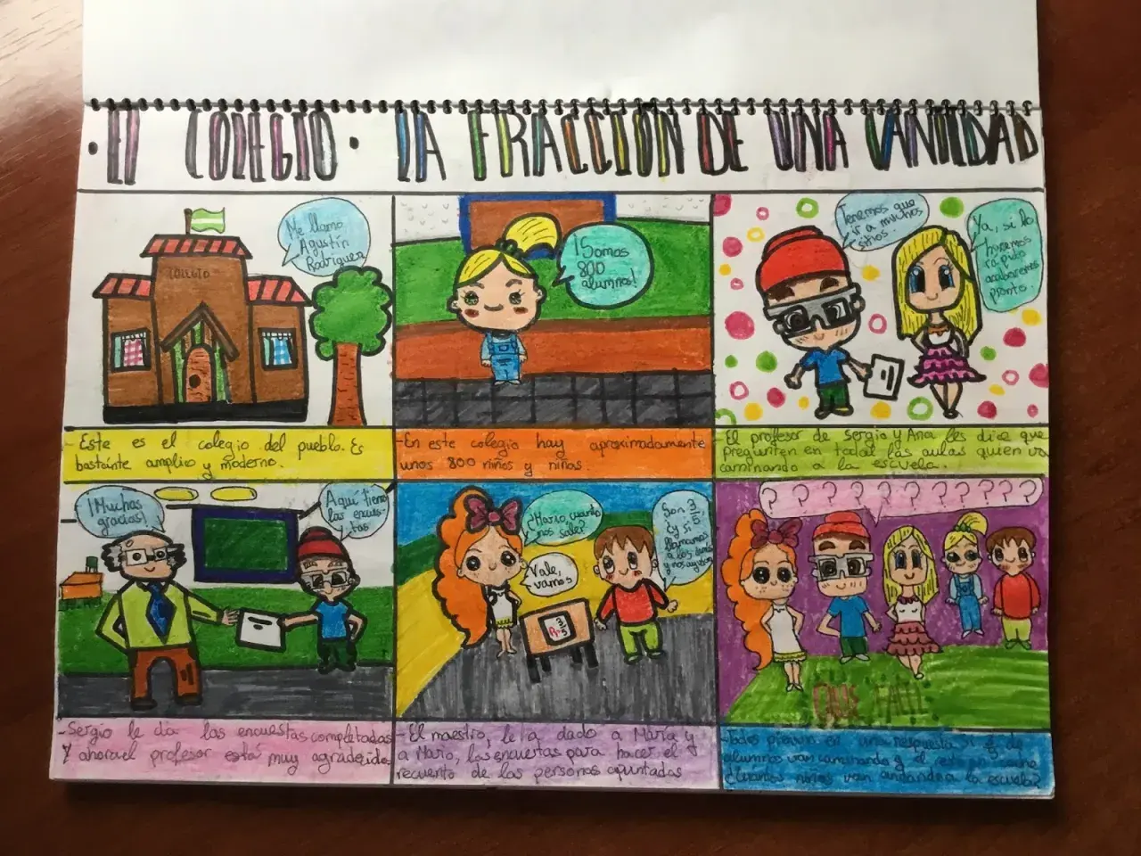 Plantilla comic 6 viñetas: un colegio con alumnos y profesores, encuestas y conversaciones.