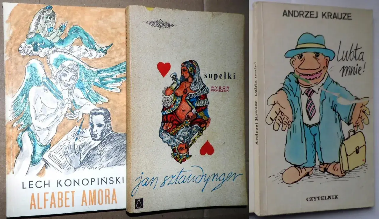 Okładki trzech książek: "Alfabet Amora", "Supelki" Jana Sztaudyngera i "Lubta mnie!" Andrzeja Krauzego.
