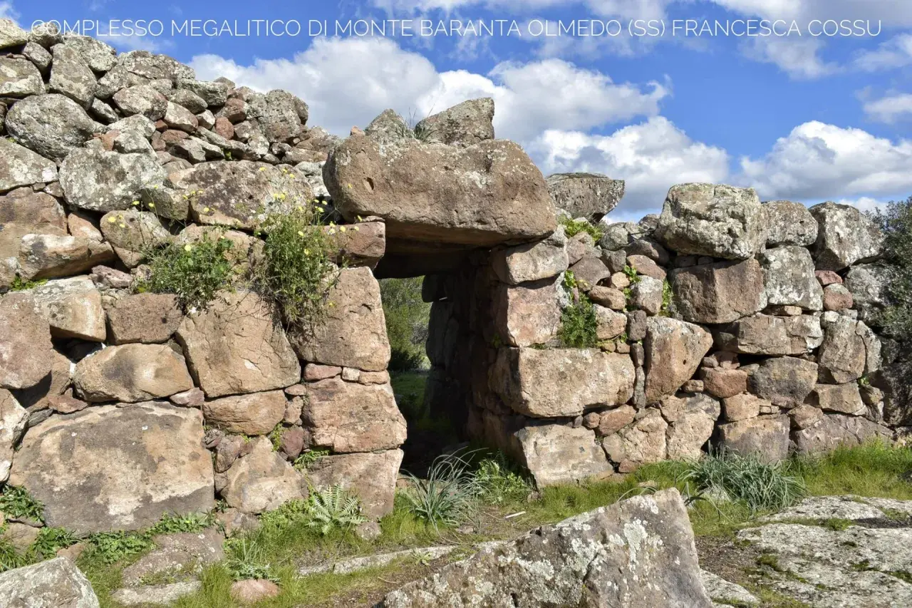 Antica porta in pietra del complesso megalitico di Monte Baranta, con vegetazione che cresce tra le rocce.