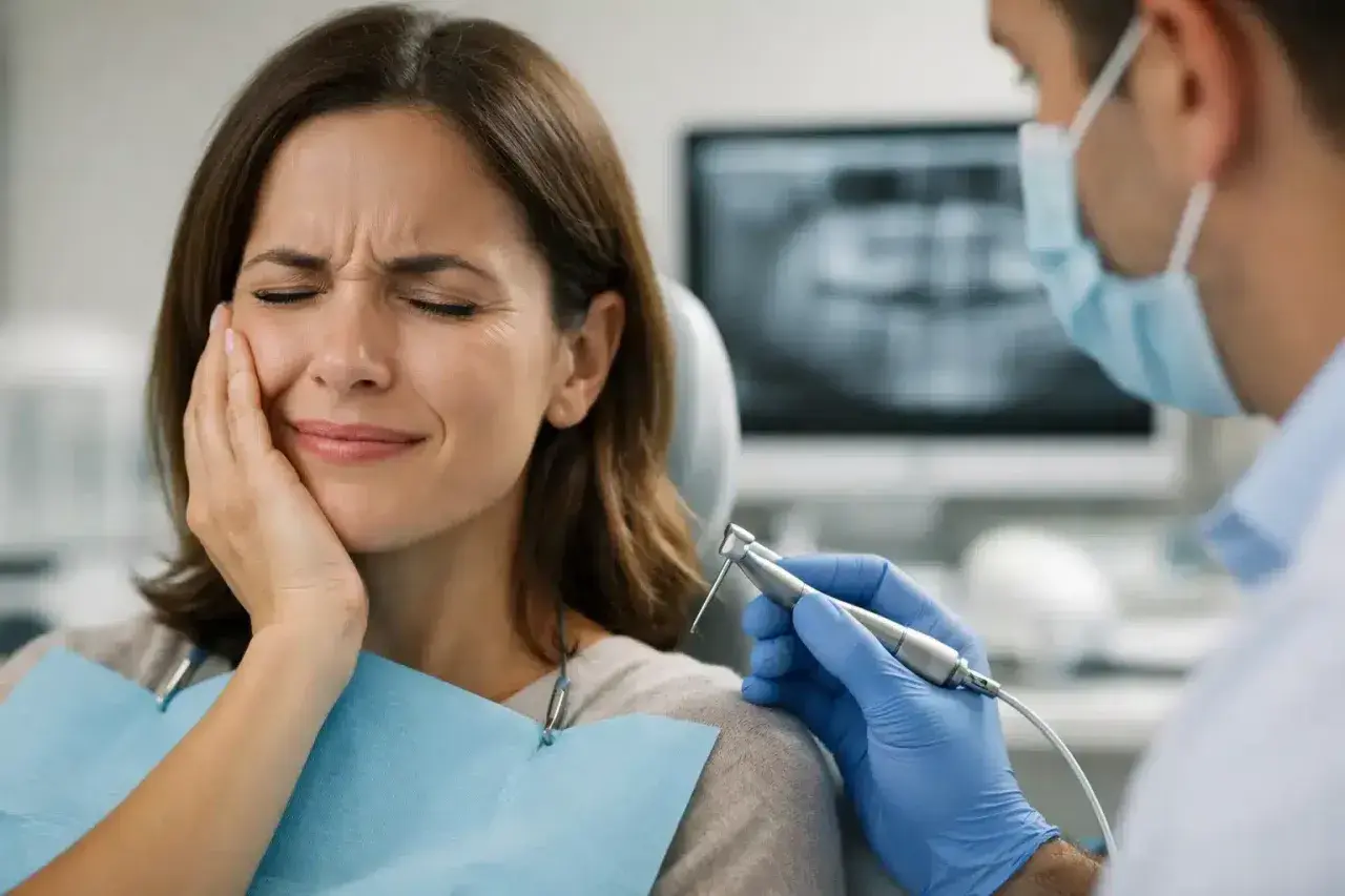Mujer con expresión de dolor en la cara, sujetándose la mejilla. Un dentista con guantes azules sostiene una fresa dental. Podría ser dolor después de endodoncia.