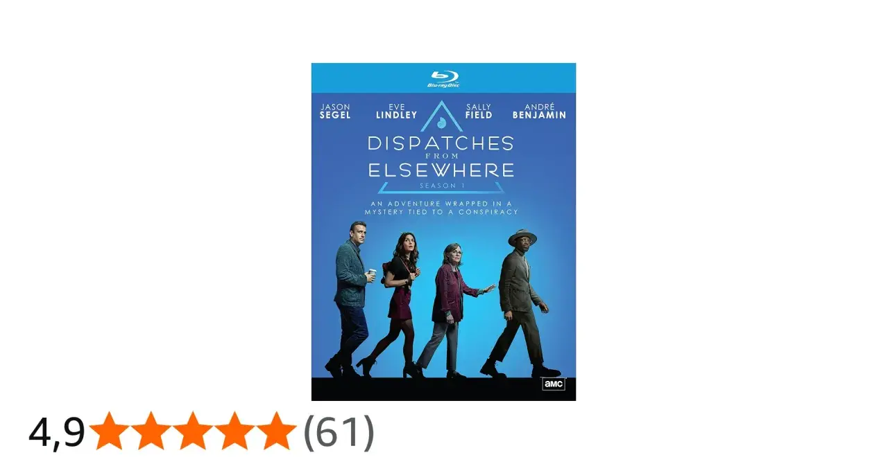 Blu-ray-omslag för "Dispatches from Elsewhere" med fyra personer som går. En spännande resa in i en mystisk konspiration.