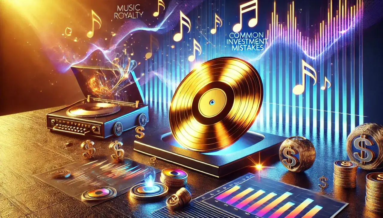 A golden vinyl record and turntable symbolize music royalty, with dollar signs and charts hinting at investment opportunities and common mistakes.