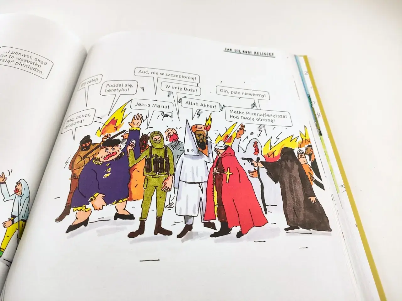 Ilustracja przedstawia chaos i konflikty religijne, ukazując dylematy współczesnego człowieka: jak odróżnić wiarę od religijności w obliczu ekstremizmów.