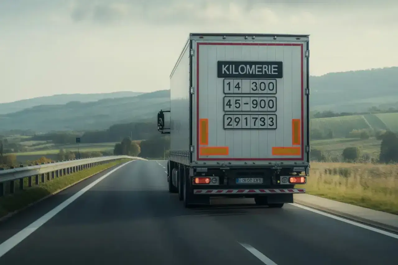 Un camion 44t sur une route de campagne. La plaque indique "Kilometrie" avec des chiffres, suggérant une longue route et une consommation importante.