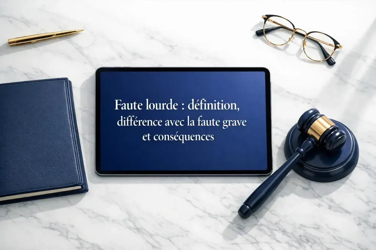 Sur une tablette, la "faute lourde : définition, différence avec la faute grave et conséquences". Un marteau de juge, un stylo et des lunettes complètent la scène, évoquant la négligence définition juridique.