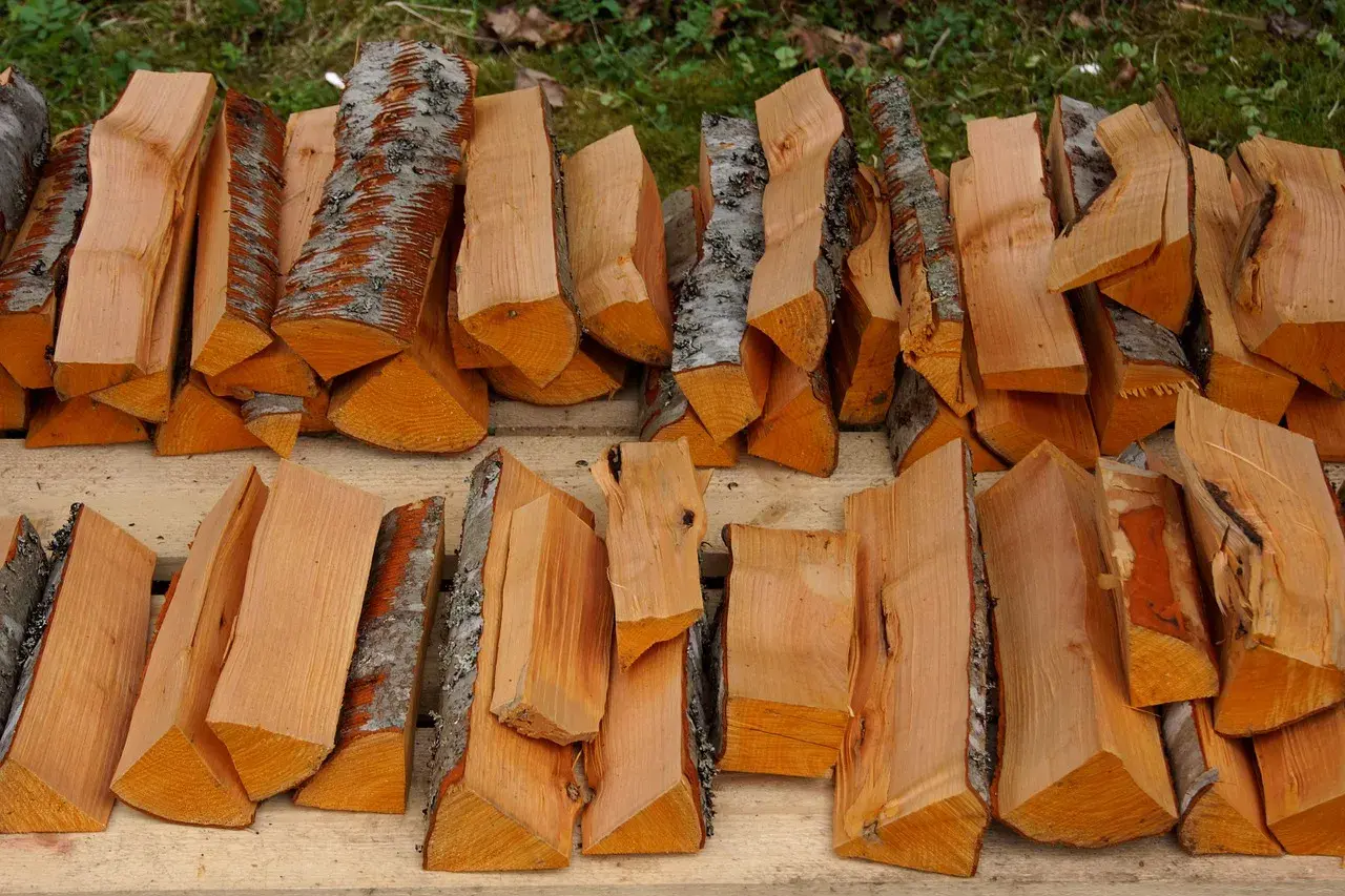 Leña apilada, lista para la chimenea. ¿Cuál es la mejor leña para chimenea? Esta madera de tonos cálidos promete un fuego acogedor.