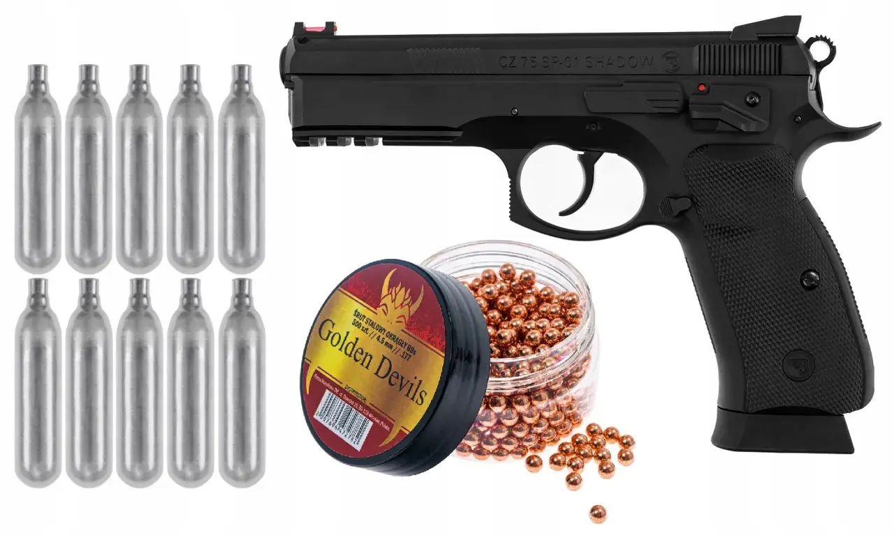 Pistolet CZ 75 SP-01 Shadow, śrut Golden Devils i naboje CO2 – najmocniejsza wiatrówka pistolet bez zezwolenia.