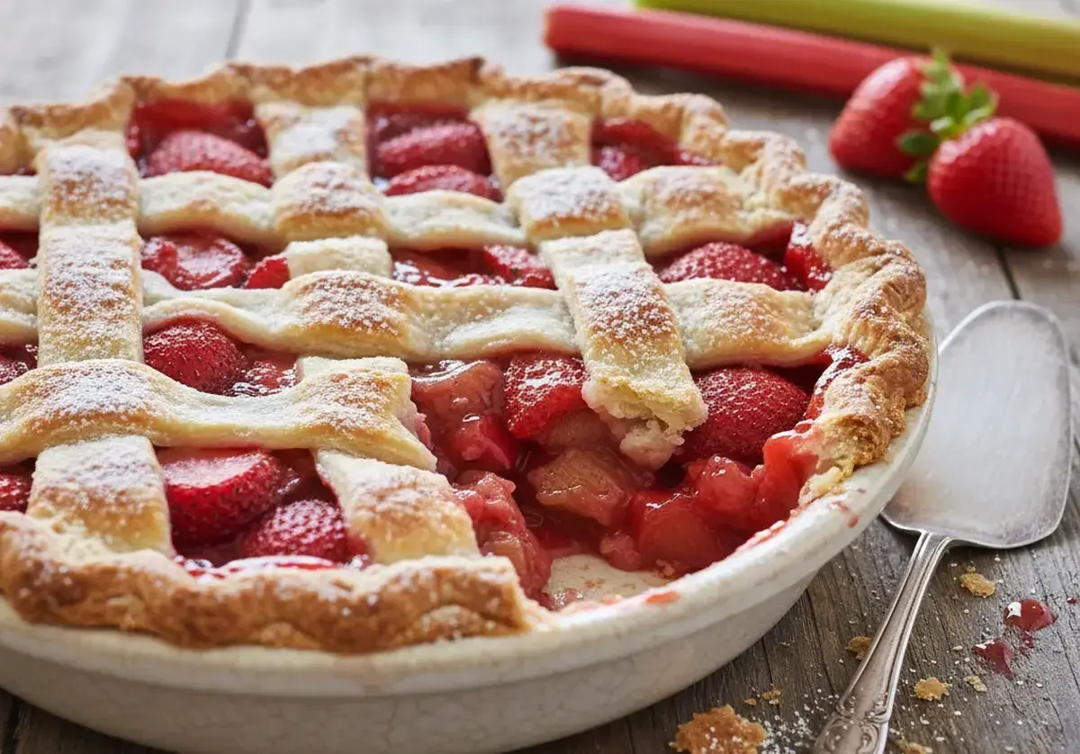 Tarte aux fraises et rhubarbe, une recette estivale parfaite. La pâte dorée cache un mélange fruité et acidulé, saupoudré de sucre glace.
