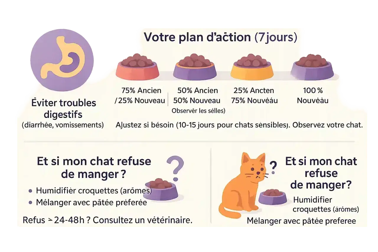 Un chat tigré regarde la caméra, à côté de deux bols de croquettes : "Anciennes" et "Nouvelles".